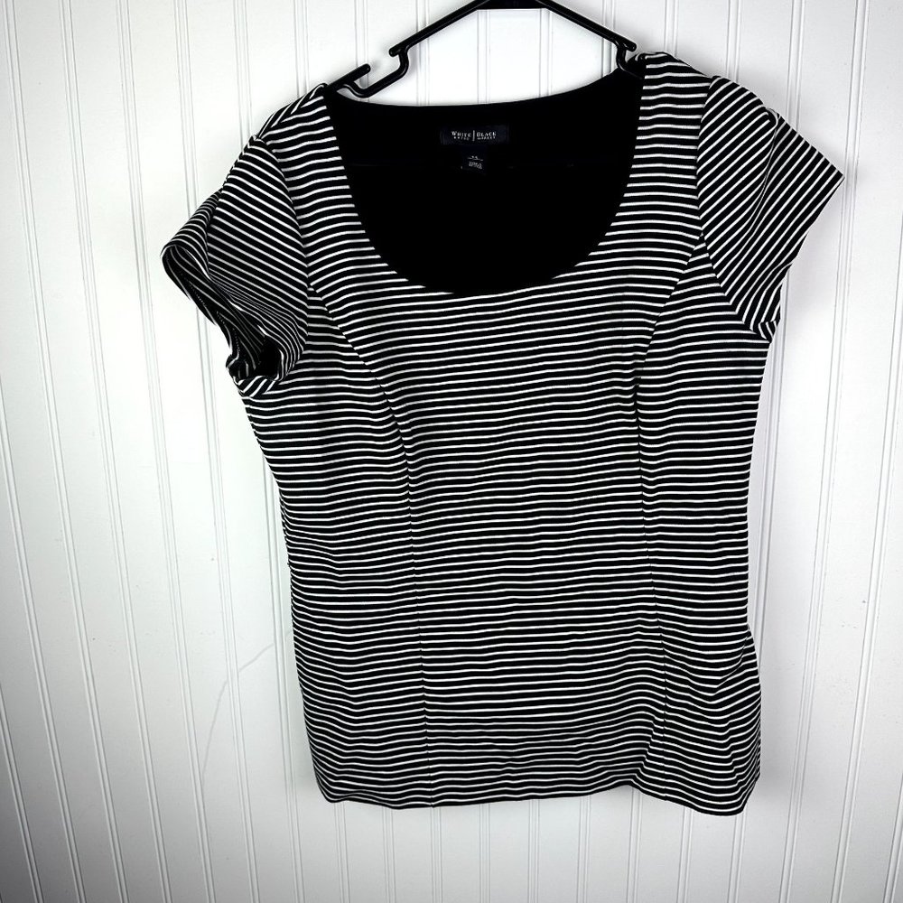White House Black Market Blouse Black & White Stripe Scoop Neck Size 14 - Picture 1 of 4